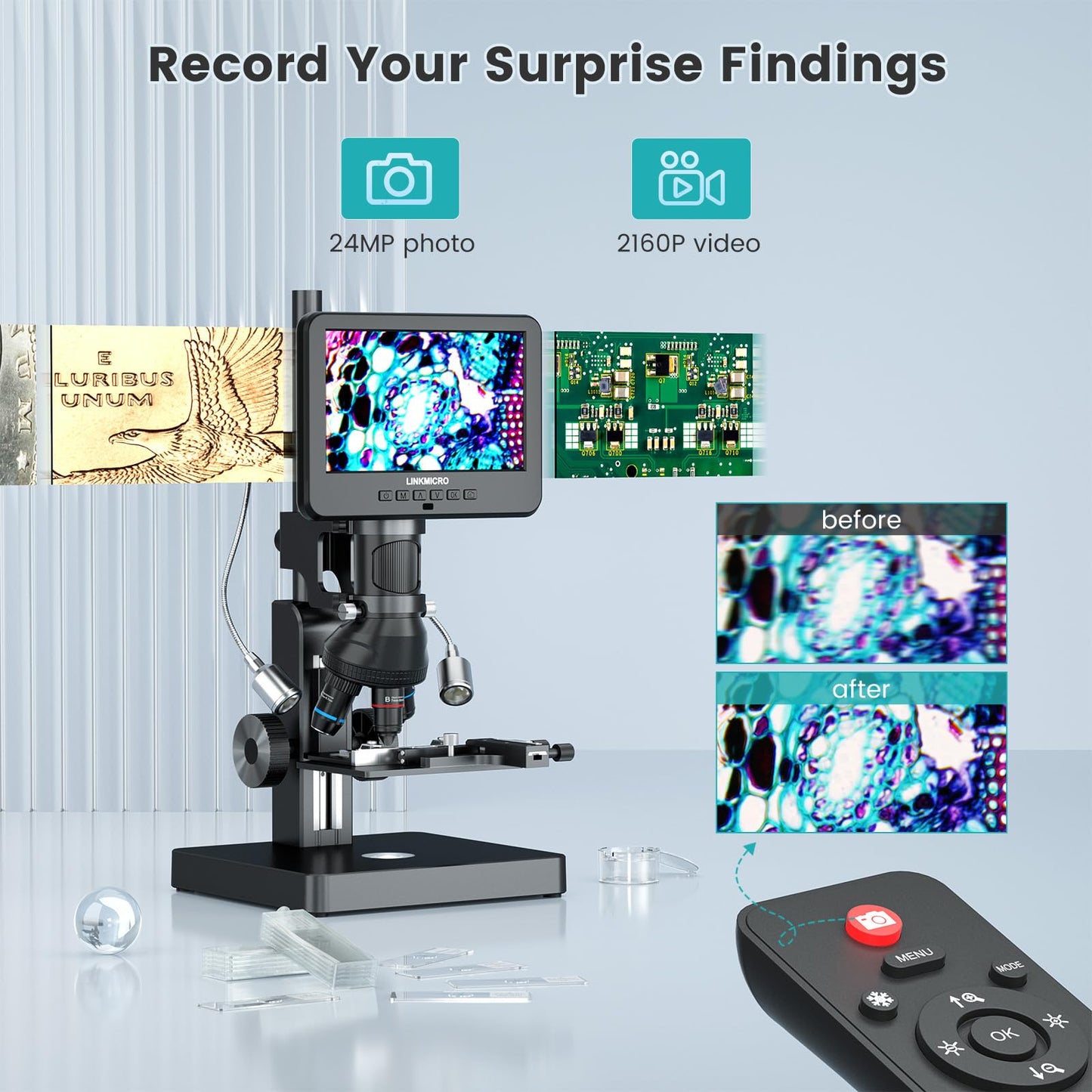 LM266S 5 Lens 7" HDMI Digital Microscope 5000X for Adults, Lab Digital Biological Microscope with Screen for Slides, Mechanical X-Y Stage, UHD 2160P Video, LCD Full View Coin Camera, PC View, 32GB
