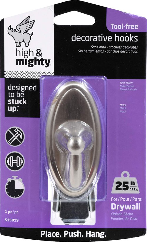 HIGH & MIGHTY 515819 Decorative Metal Hook, Easy Tool-Free Dry Wall Installation, Oval, Holds up to 25lb, Satin Nickel