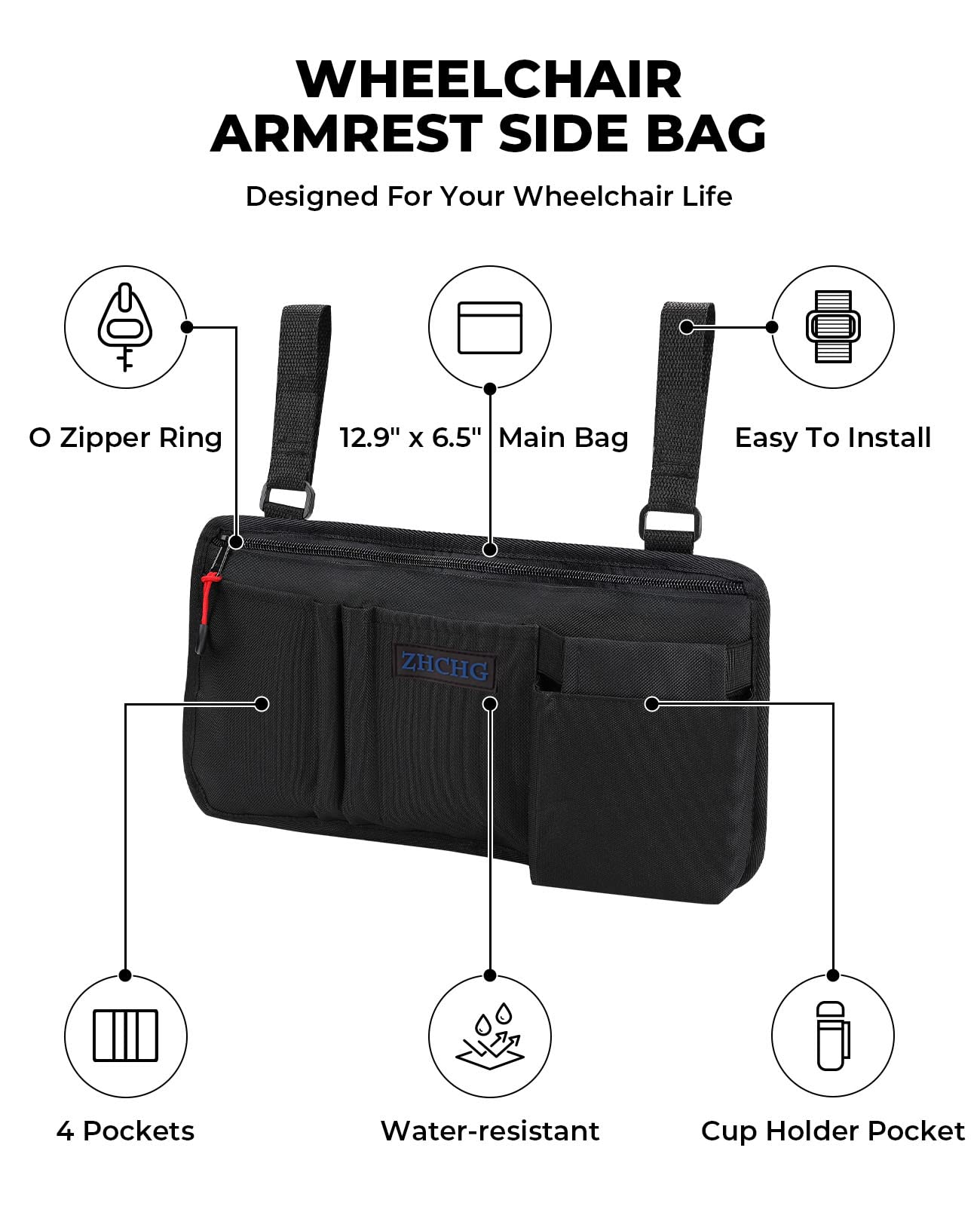 ZHCHG Wheelchair Side Bag with Cup Holder, Wheelchair Armrest Pouch Accessories for Walker, Rollator, Electric Scooter Wheelchairs, Ideal Gift for Mother's Day & Father's Day