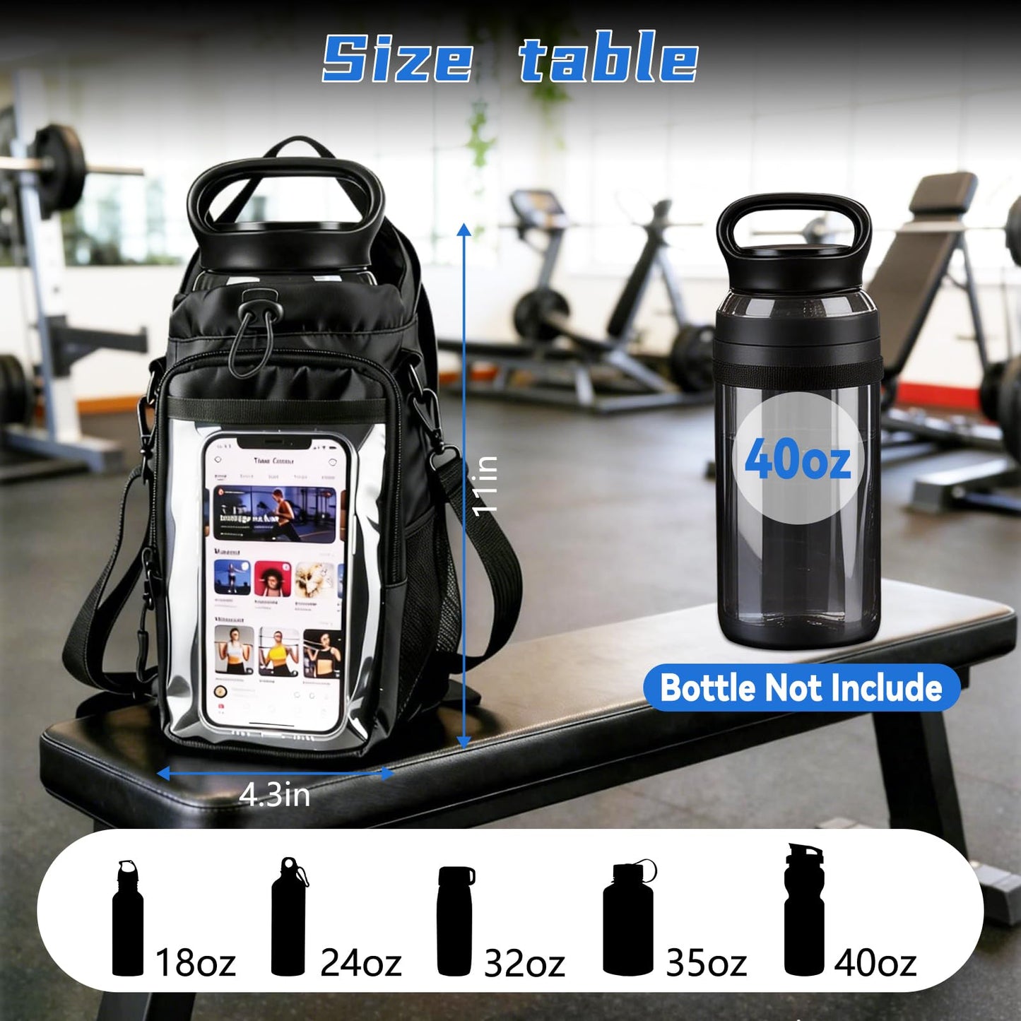 JACZZO Magnetic Gym Bag, Magnetic Gym Water Bottle Bag with Strap 4 Strong Magnets, Upgraded Clear Design Phone Bag, Gym Gifts for Men & Women Gym accessories (Black)