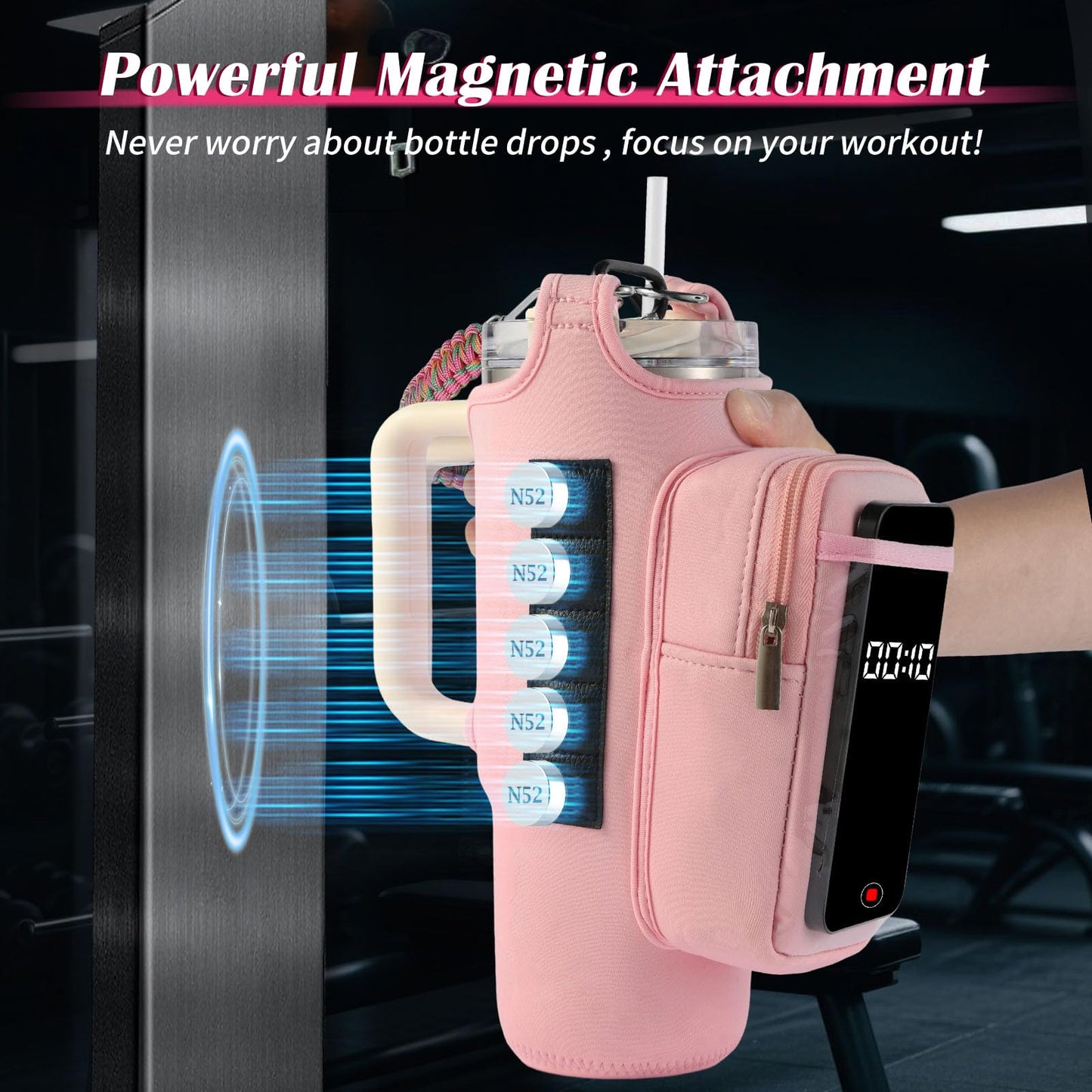 Magnetic Gym Bag for Men, Water Bottle Carrier Holder with Strap, Phone Pockets for Stanley Cup 40 oz Tumbler, Small Bag Gym Accessories for Women with N52 Super Magnet(Pink)
