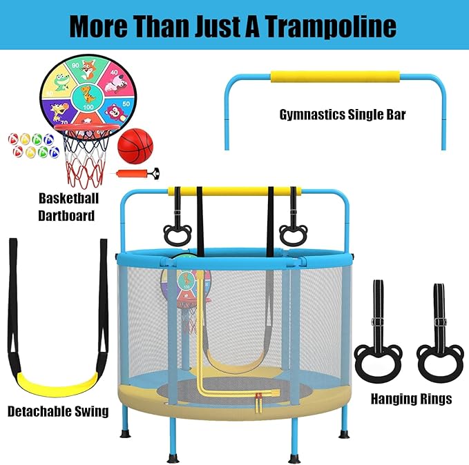 LANGXUN 60" Trampoline for Kids, 5ft Mini Toddler Indoor & Outdoor Trampoline with Net, Basketball Hoop & Dart Board, Birthday Gifts for Boys & Girls, Baby Toddler Christmas Toys (Blue & Yellow)