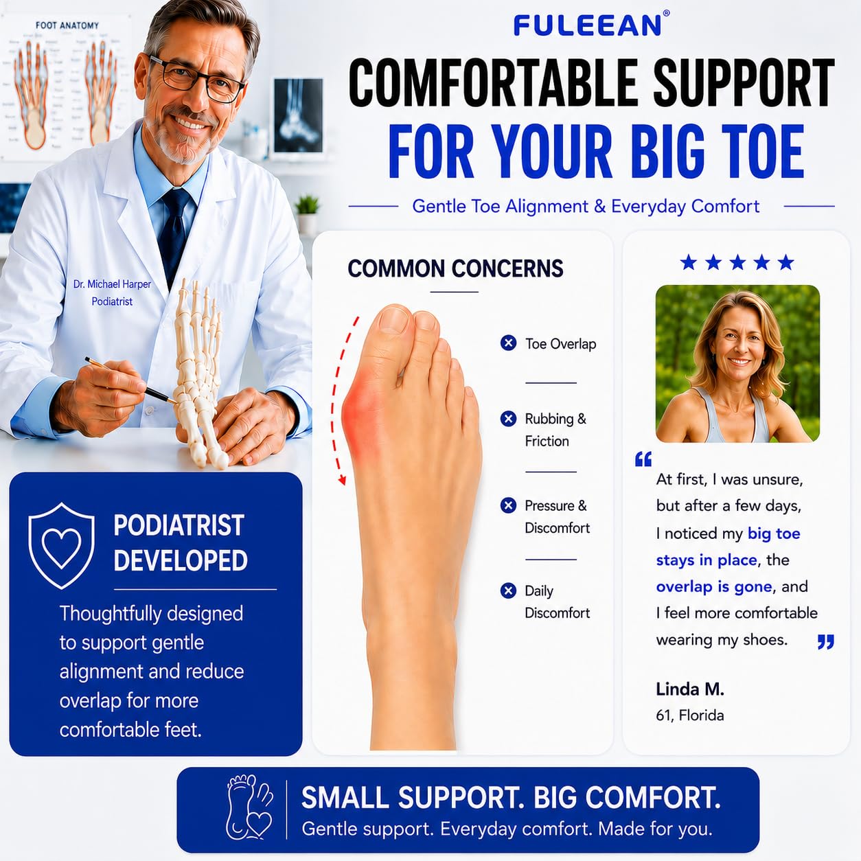 FULEEAN Big Toe Spacers,Hallux Valgus Corrector,Relieve Bunion Pain,Prevent Overlapping Toes, All-Day Comfort for Men & Women, Fits in Shoes.
