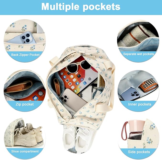 Duffle Bag for Gym Sports Women Girls Workout Travel Bag Weekender with Shoe Compartment and Wet Pocket