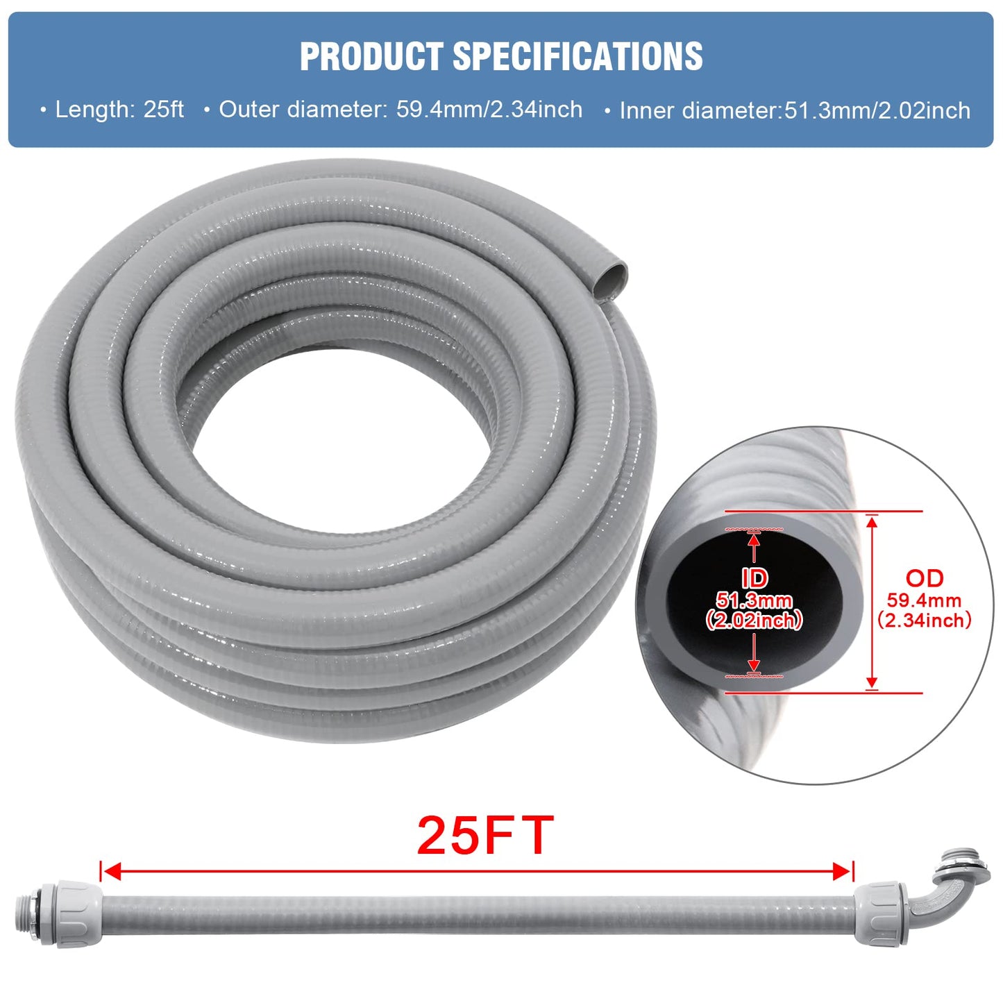 DWALE Liquid-Tight Conduit and Connector Kit,Flexible Non Metallic Liquid Tight Electrical Conduit,2inch 25ft Electrical Conduit Kit,with 4 Straight and 3 Angle Fittings Included,2 in. Dia