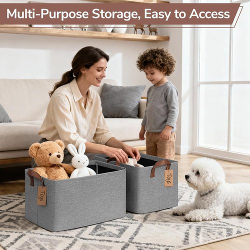CHICVITA Large Storage Baskets - Foldable Organizers for Clothes & Toys | 16.8" x 11" x 9.8", Gray