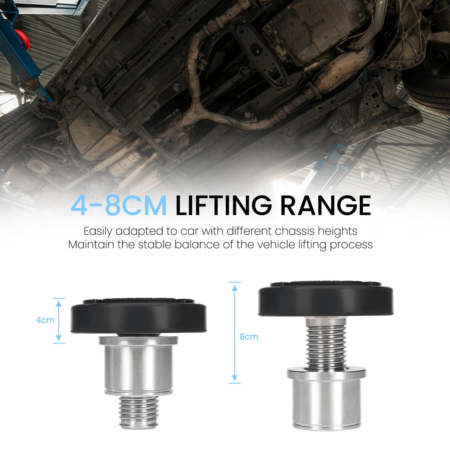 Atesilor 4pcs 60mm Screw Up Car Lift Adapter with Rubber Lift Pads, 4-8cm Extension Car Lift Feet Tray for Car Lift Bridge Jack Stable Support, Fit for Challenger 2 Post Lift