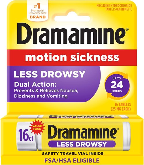 Dramamine Motion Sickness Relief - Less Drowsy Formula for Travel Nausea, 16 Count