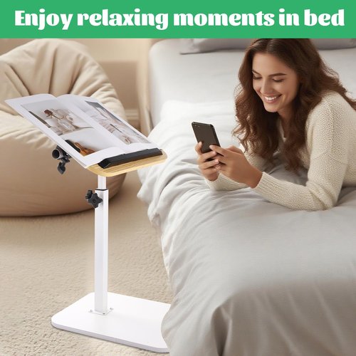 GBACHOOSE Sofa Armrest Tray Table for Couch, TV Tray Table 360° Swivel Height Adjustable End for Small Spaces, C Shaped End Table for Couch, Living Room, Bedroomor with Phone & Tablet Slot(White)