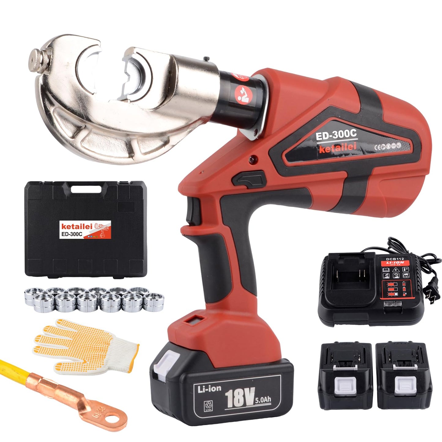 ketailei 6 Ton Electric Hydraulic Crimper, Easy-Open Design for Quick Operation, 65KN Force & Dual 18V/5Ah Batteries, 12 American Standard Dies (6AWG-600MCM)（ED-300C）