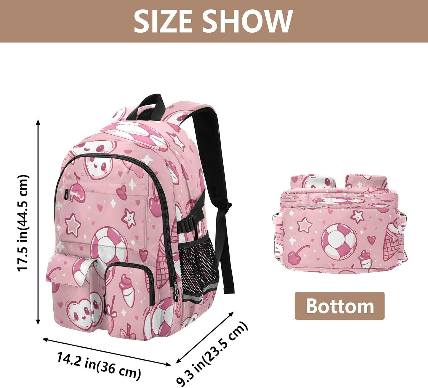 Bolaz Backpack 14 Inch Football Ice Cream Cherry Star Heart Pattern Travel Laptop Computer Bag Sturdy School Bag
