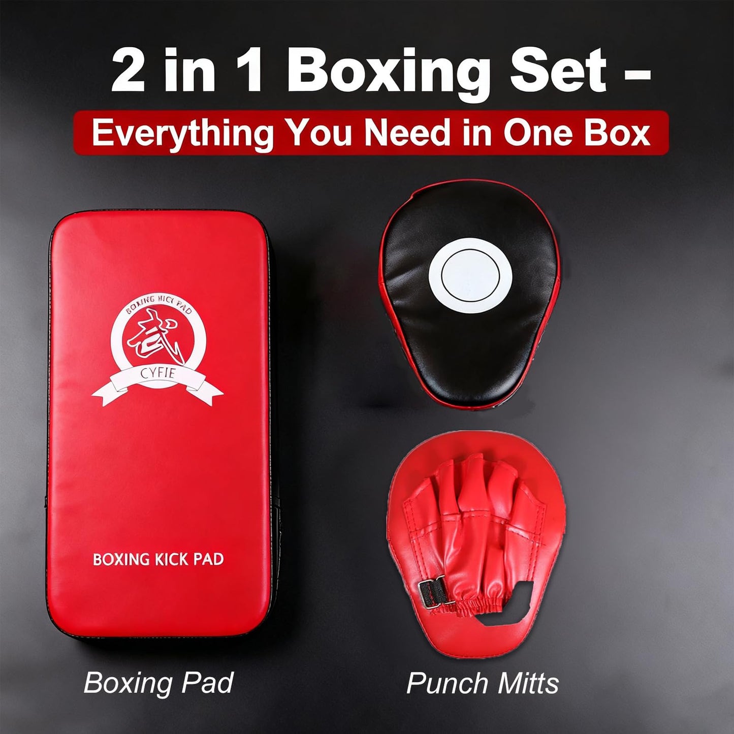 CYFIE 2 in 1 Boxing Equipment Boxing Strike Pads Punching Mitts Set, Boxing Mitts and Pads for Muay Thai, Karate, Taekwondo, Martial Arts Training at Home Gym, Karate Kick Pads for Kids, Youth (Red)