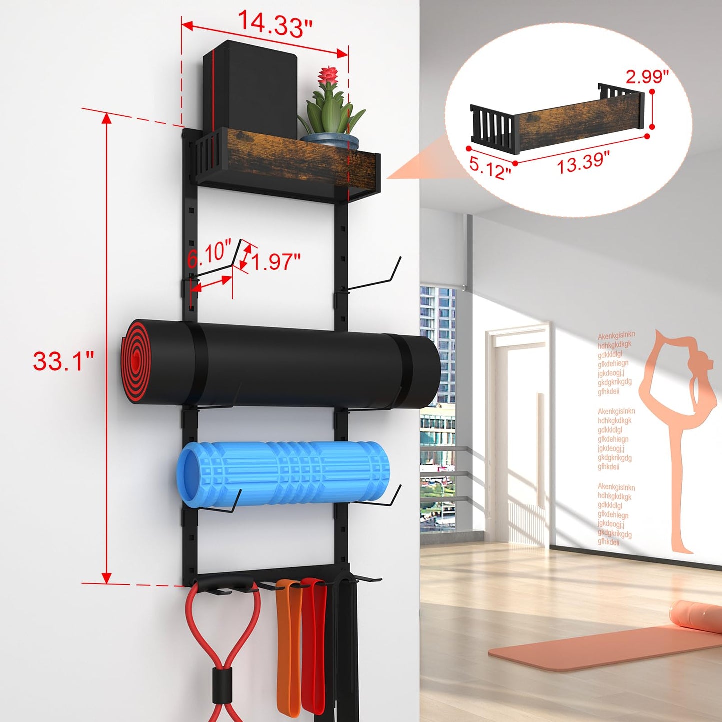 Yoga Mat Holder Wall Mount - Tool-free Adjustable Yoga Mat Rack Shelf, All-in-one Foam Roller Holder for Resistance Bands & Blocks, Space-saving Home Gym Organizer for Small Space Training Storage