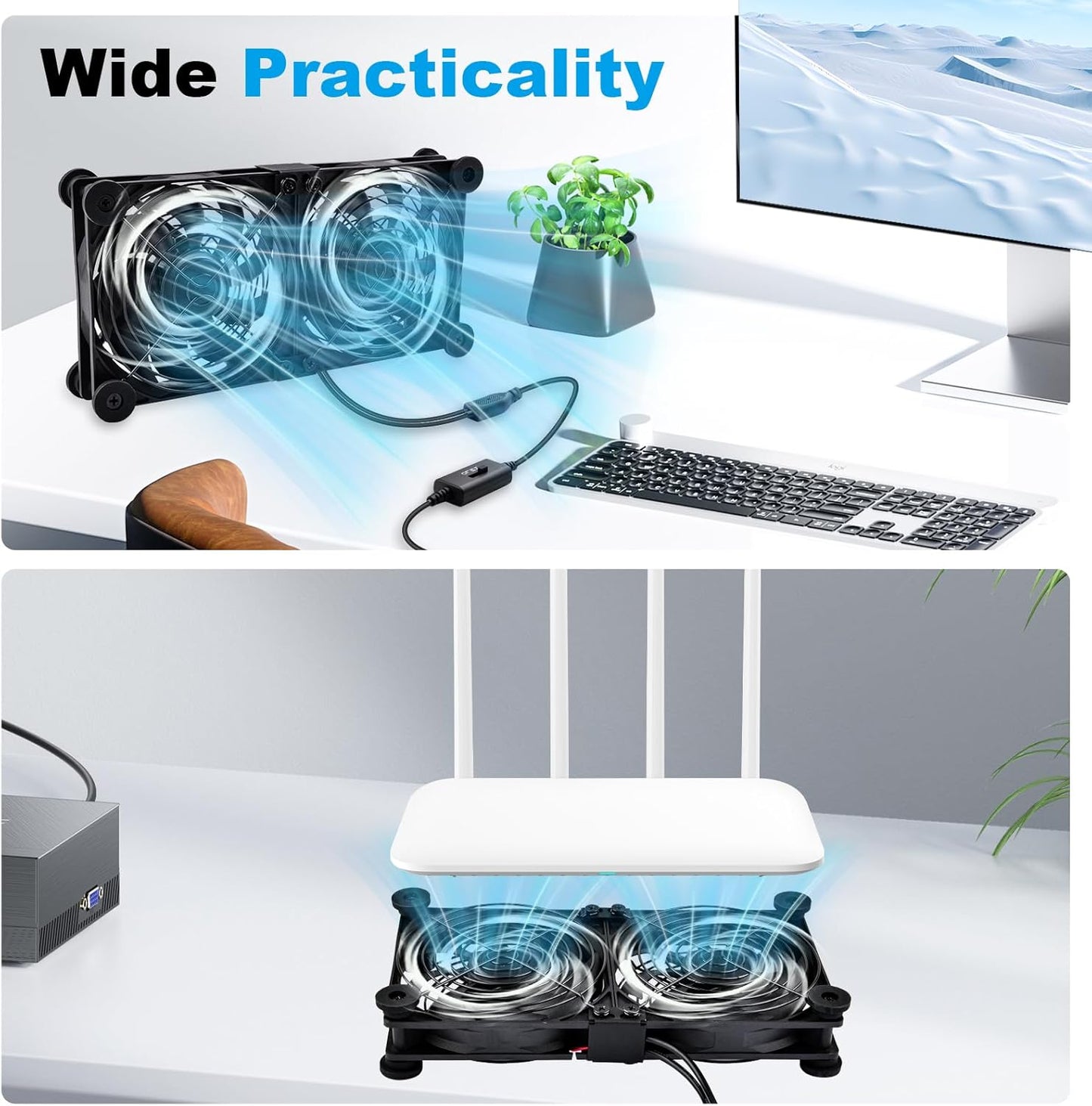 120mm 3-Degree 5V Quiet Dual Router Fan Cooler with L/M/H Speed Controller, DC USB Powered Cooling Case Fan for Router