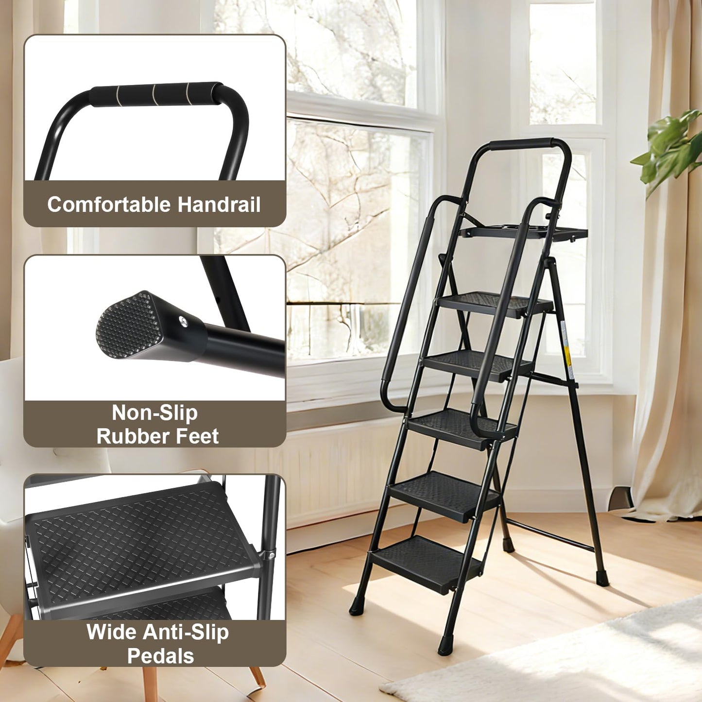 Valeo 5 Step Ladder with Handrails,500 Lbs Capacity,Folding Step Stool Ladder with Tool Platform,Wide Anti-Slip Pedal,Step Ladder 5 Step Folding,Multi-use for Home,Kitchen,Office,Black