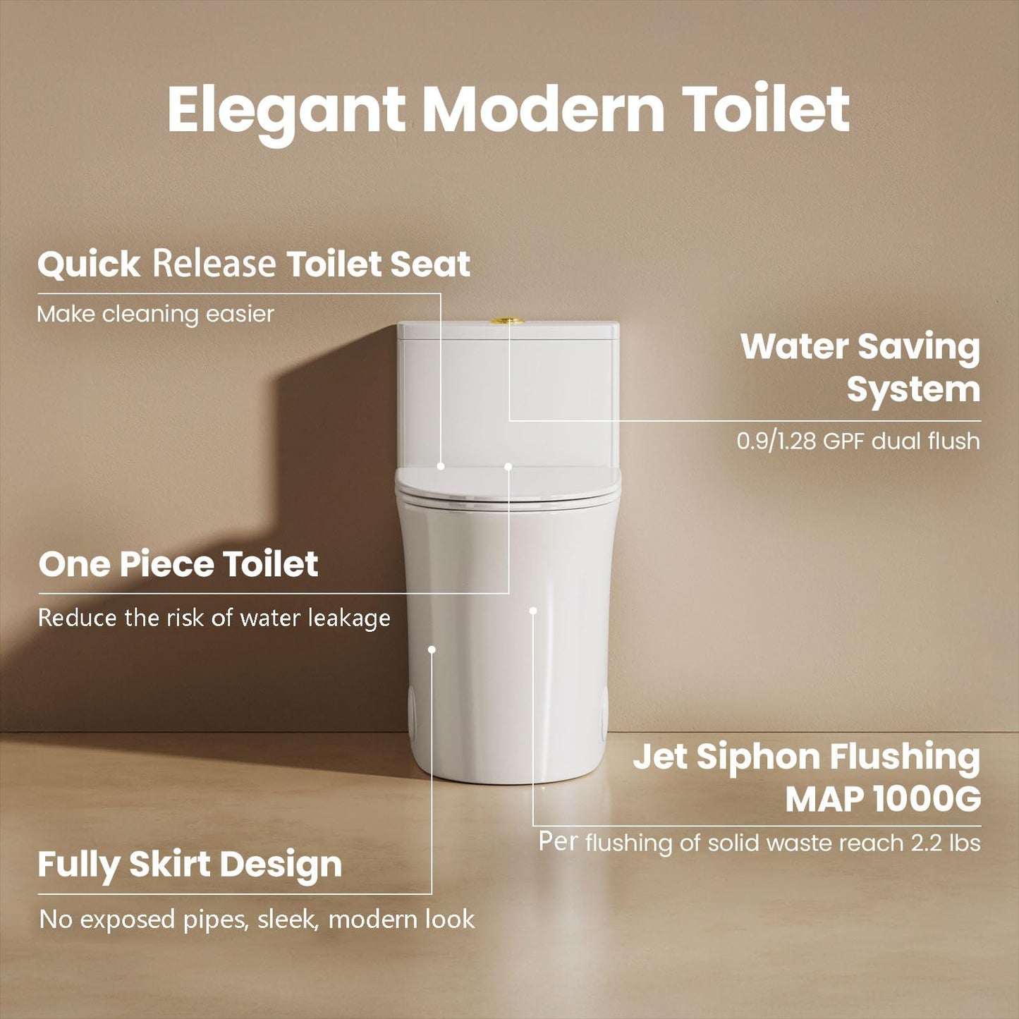 BayRoll One Piece Sleek Modern Toilet, 17" ADA Comfort Chair Height Seat, Dual Flush 0.9/1.28 GPF, MAP 1000g, 12" Rough-In, Compact Fully Skirted Round Toilet for Bathrooms, Gold Button