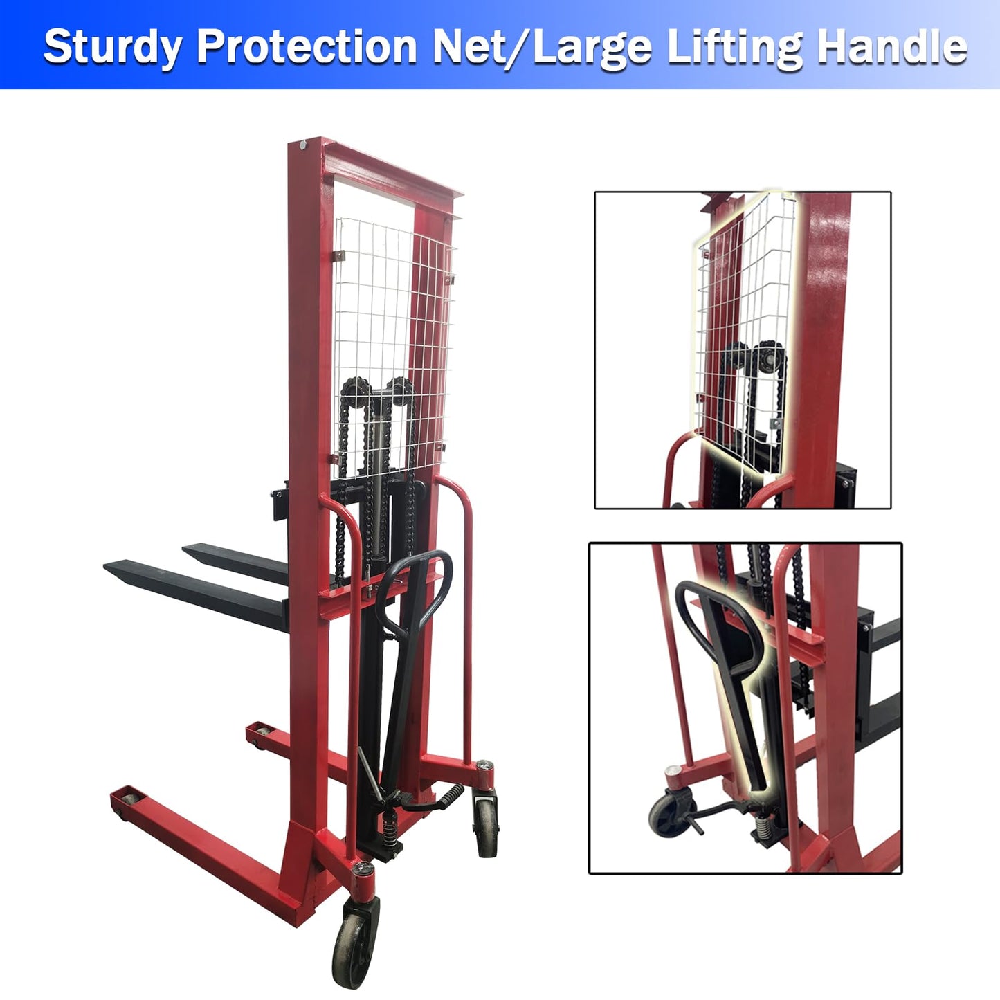 EQCOTWEA Manual Hydraulic Pallet Stacker 2200 LBS Load Pallet Truck Stacker 64" Lift Height Adjustable Forks Manual Stacking Winch Truck Used for Single Sided Pallets, for Warehouse Material Lifting