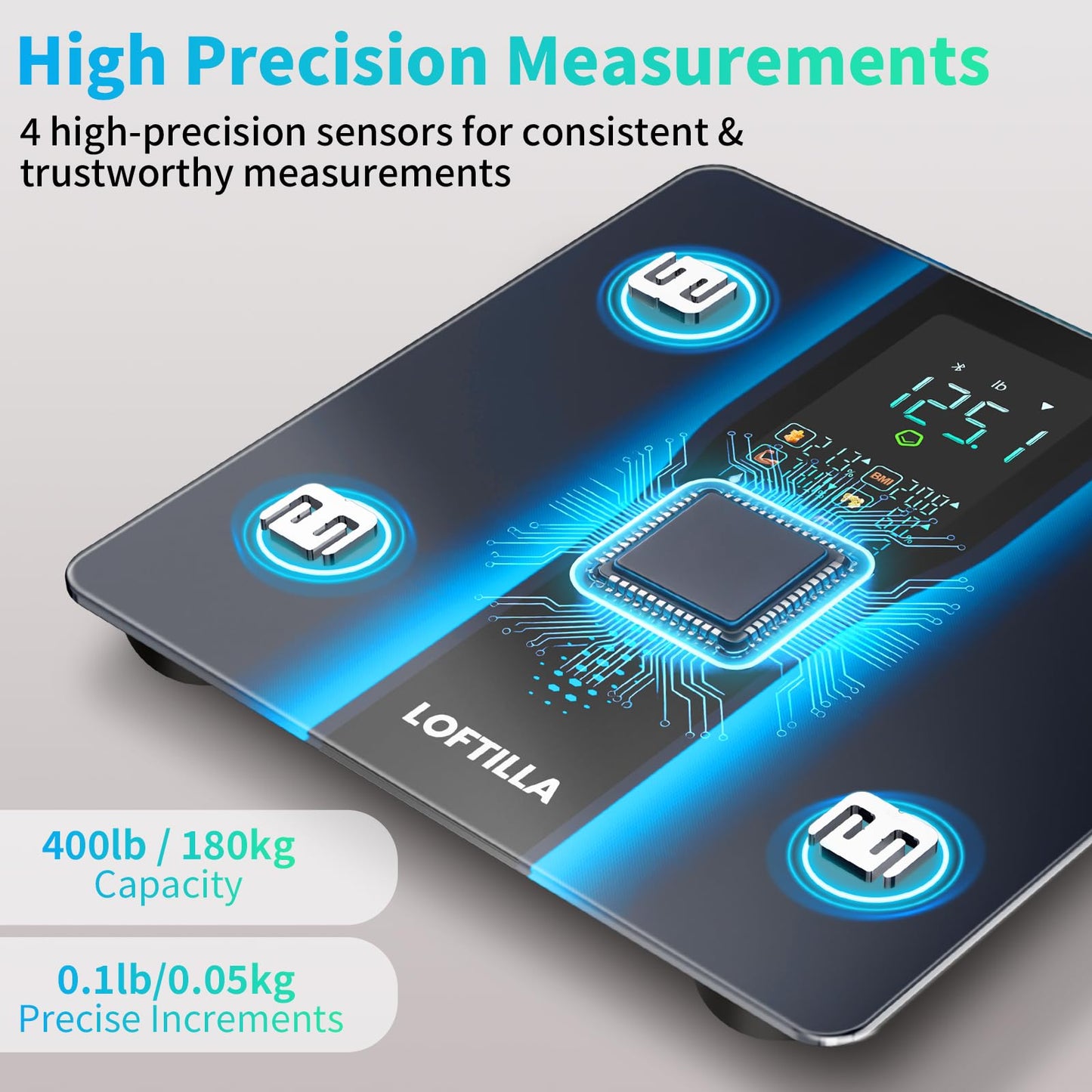 LOFTILLA Smart Scale for Body Weight, Accurate Scale with BMI Body Fat Muscle Mass, 8-in-1 Large Display, Digital Bathroom Scales for 14 Body Composition Metrics, Sync with Fitness App, Black