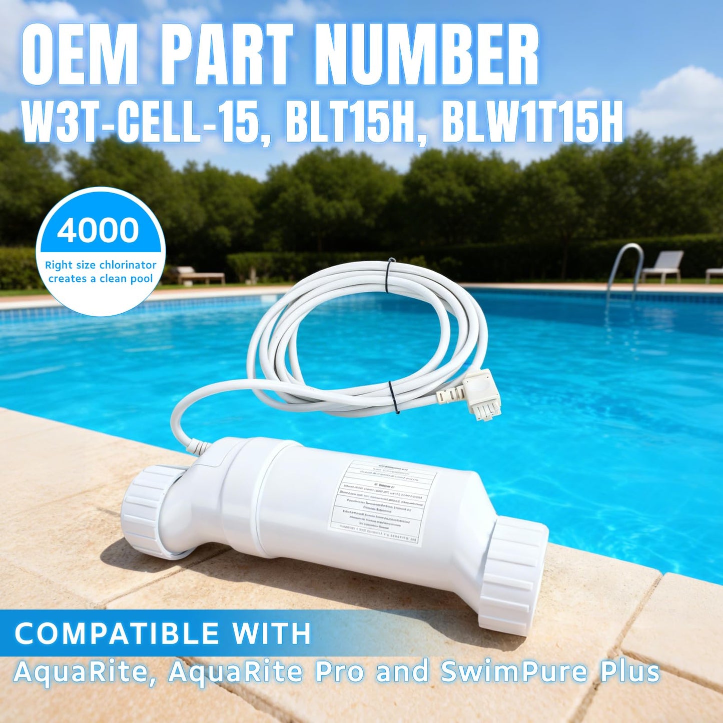 T-15 Salt Cell Replacement for Hayward AquaRite Turbo Cell Salt Chlorine Generator for Pools up to 40,000 Gallons Compatible with T-CELL-15 GLX-CELL-15-W BLT15H