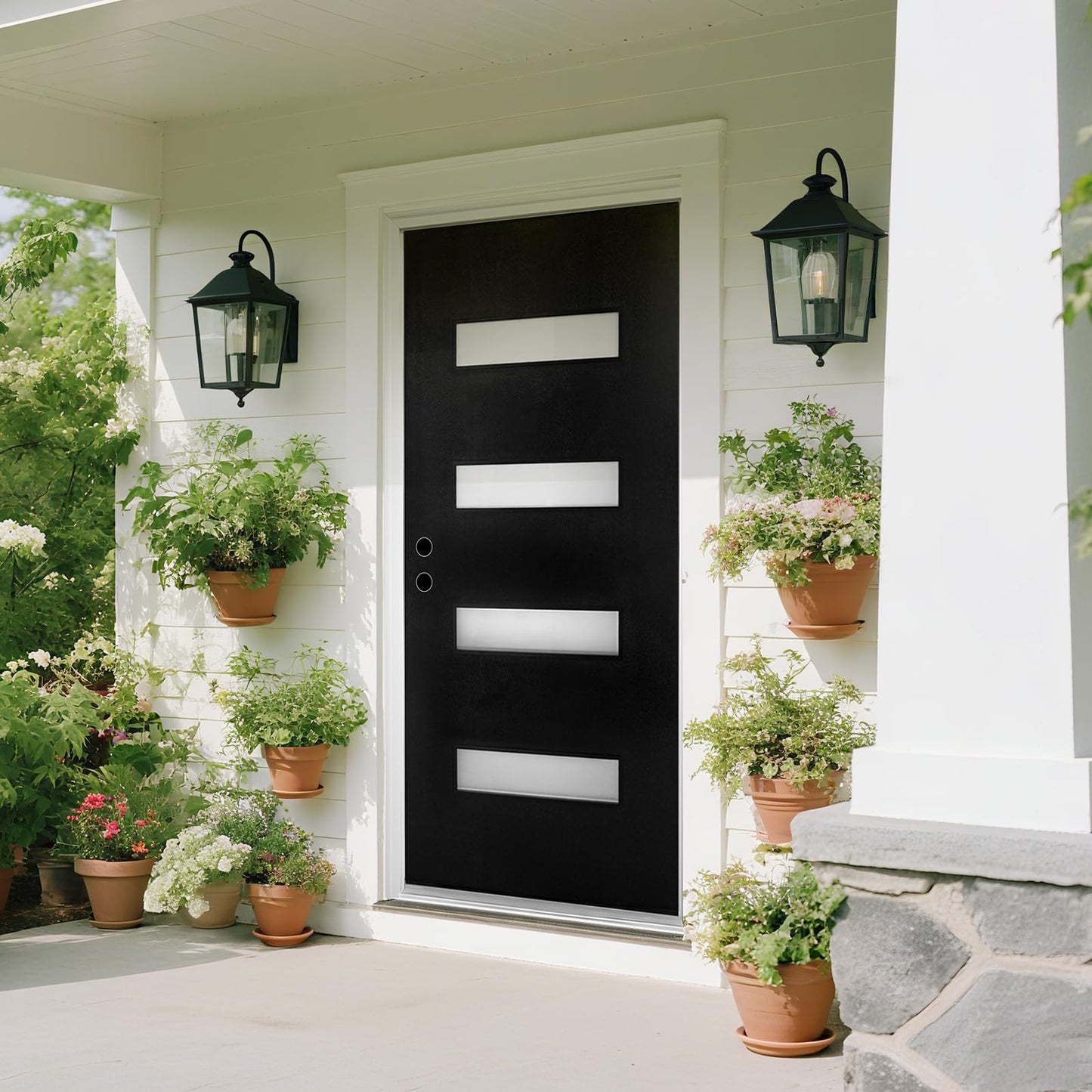 Fiberglass Exterior Door 36" x 80" with Frosted Glass and Brickmould, Right-Hand Inswing Front Door, Black Finish Knock-Down with White 4-9/16’’ Vinyl Frame for Residential Use