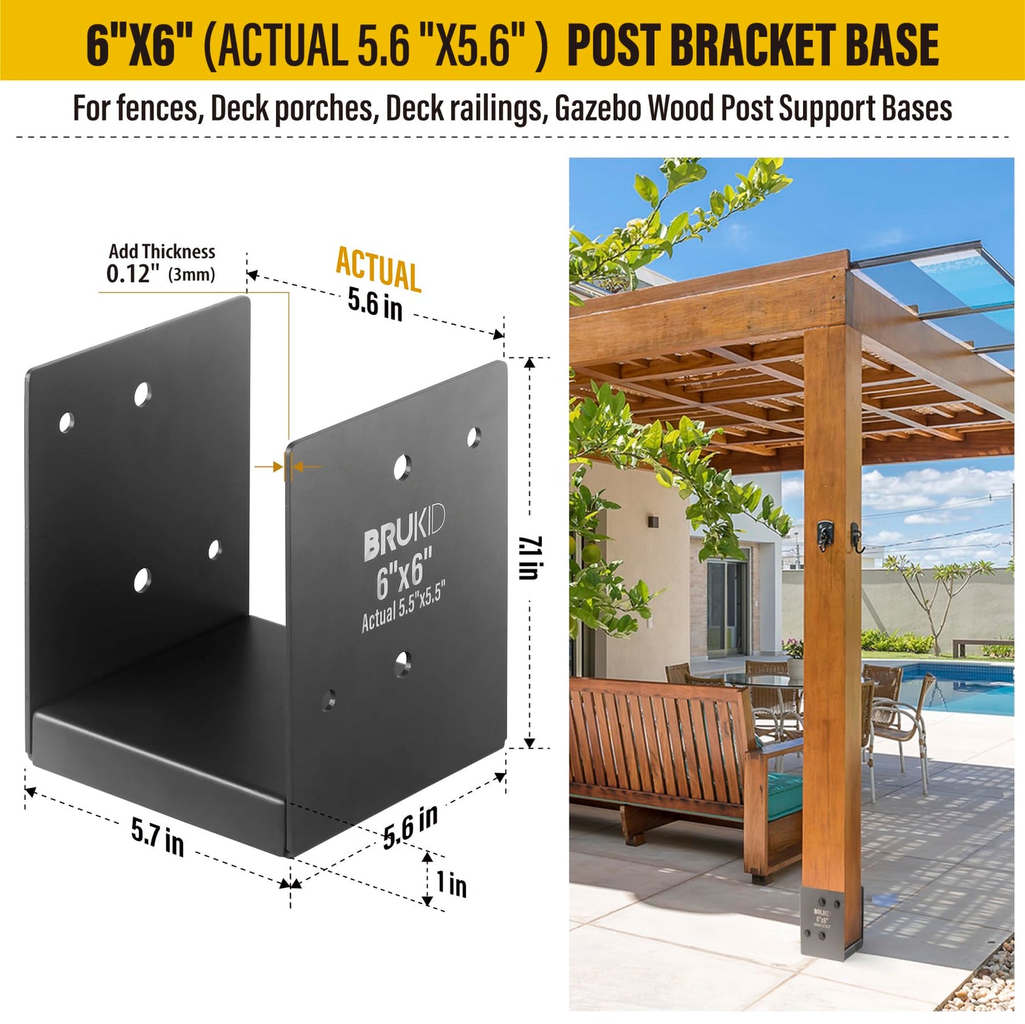 Brukid Stainless Steel 6 x 6 (Actual: 5.5" x 5.5") Deck Post Base, Post Anchor Bracket, Concrete Support Anchor Base for Railings, Fences, Pavilions, Porches (4pack-Dark Gray)
