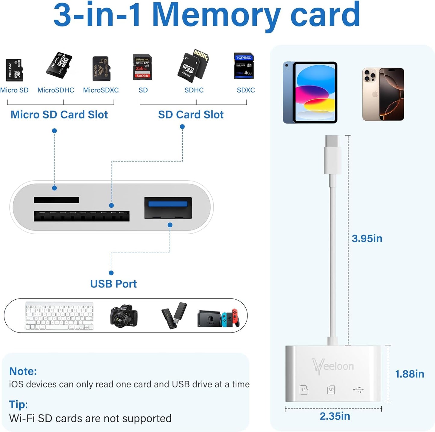 Veeloon 17/16,3-in-1 Adapter,5Gbps OTG SD Card Reader for iPhone Memory Card Reader with USB Camera Trail Game Camera