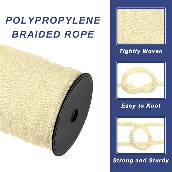 MECCANIXITY 3/16 Inch Polypropylene Rope Braided Ropes, 328ft Nylon Rope Hollow Utility Cord for Clothesline, Camping, Hiking, Outdoor, Beige