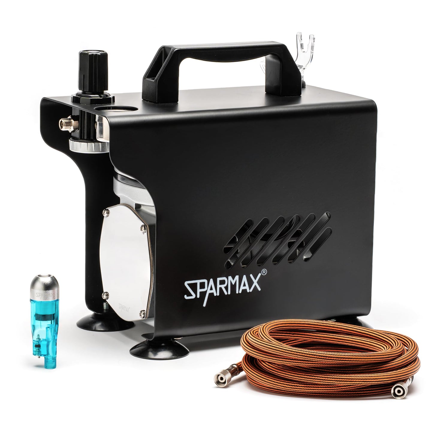 AC-501X Quiet Airbrush Compressor Oil-Less Piston, Portable Mini Air Compressor with Regulator, Gauge, Moisture Trap, 2M Braided Hose & Airbrush Holder For Painting, Crafts, Cake Decorating & Models