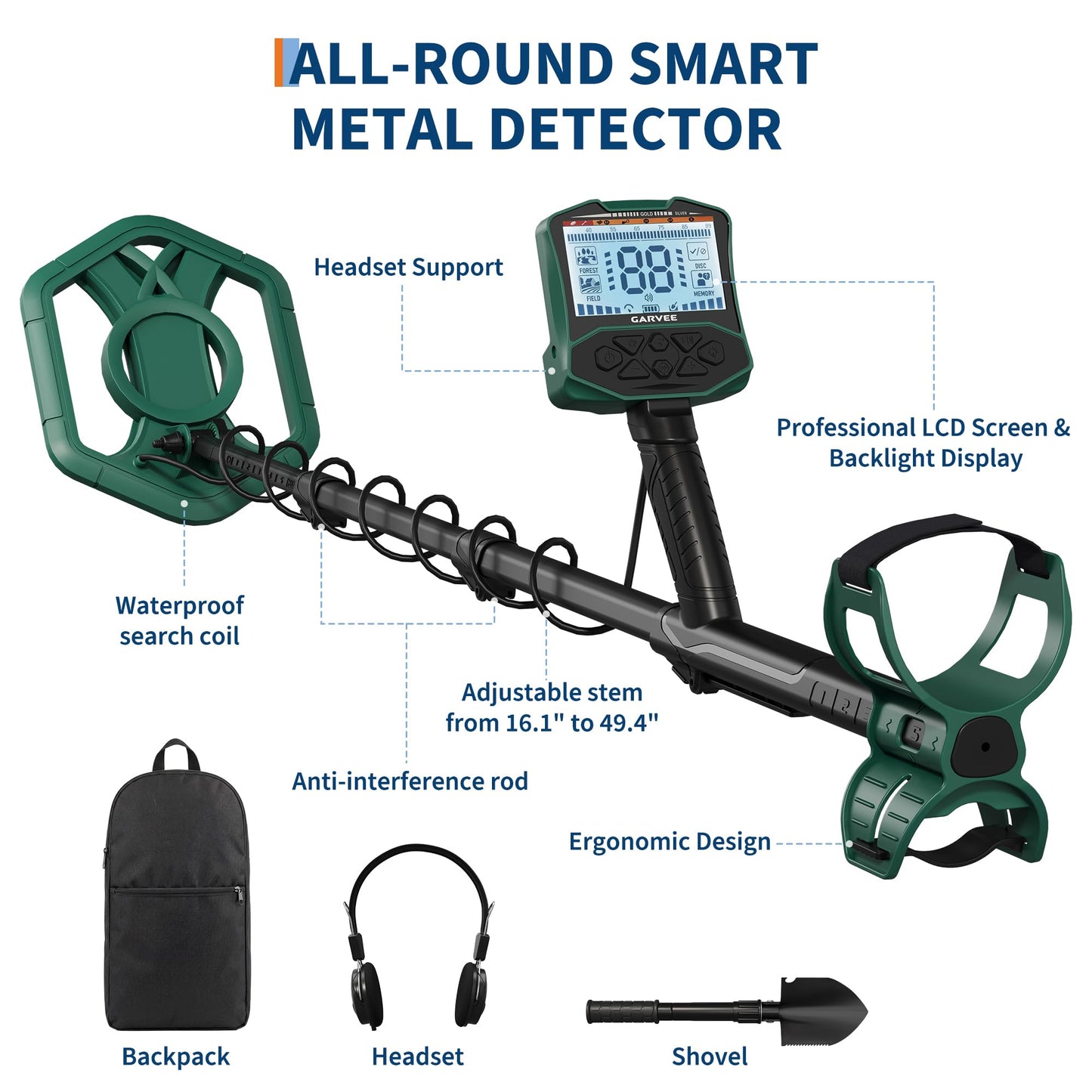 Professional Metal Detector for Adults with 5 Modes, IP68 Waterproof Search Coil, Larger Backlit LCD Display, High Accuracy Gold & Coin Detector for Beach Treasure Hunting, Beginner Friendly, Green