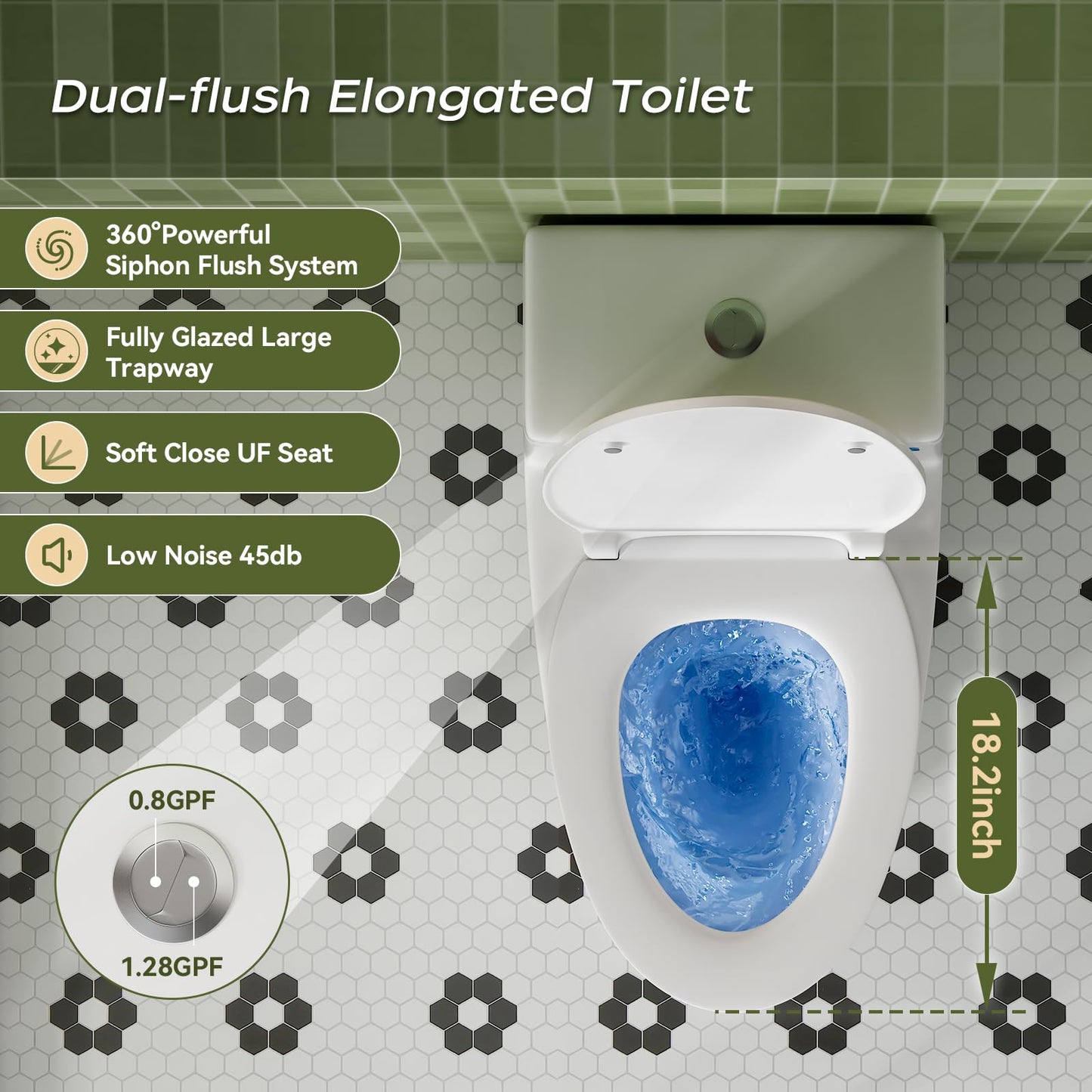 One Piece Elongated Toilet with 17.3" ADA Comfort Height and Soft-Closing Seat, Poweful Dual Flush 0.8/1.28 GPF, 12'' Rough-In Standard Toilet for Bathroom, Ceramic Nano-Glazed Surface, Full Skirted
