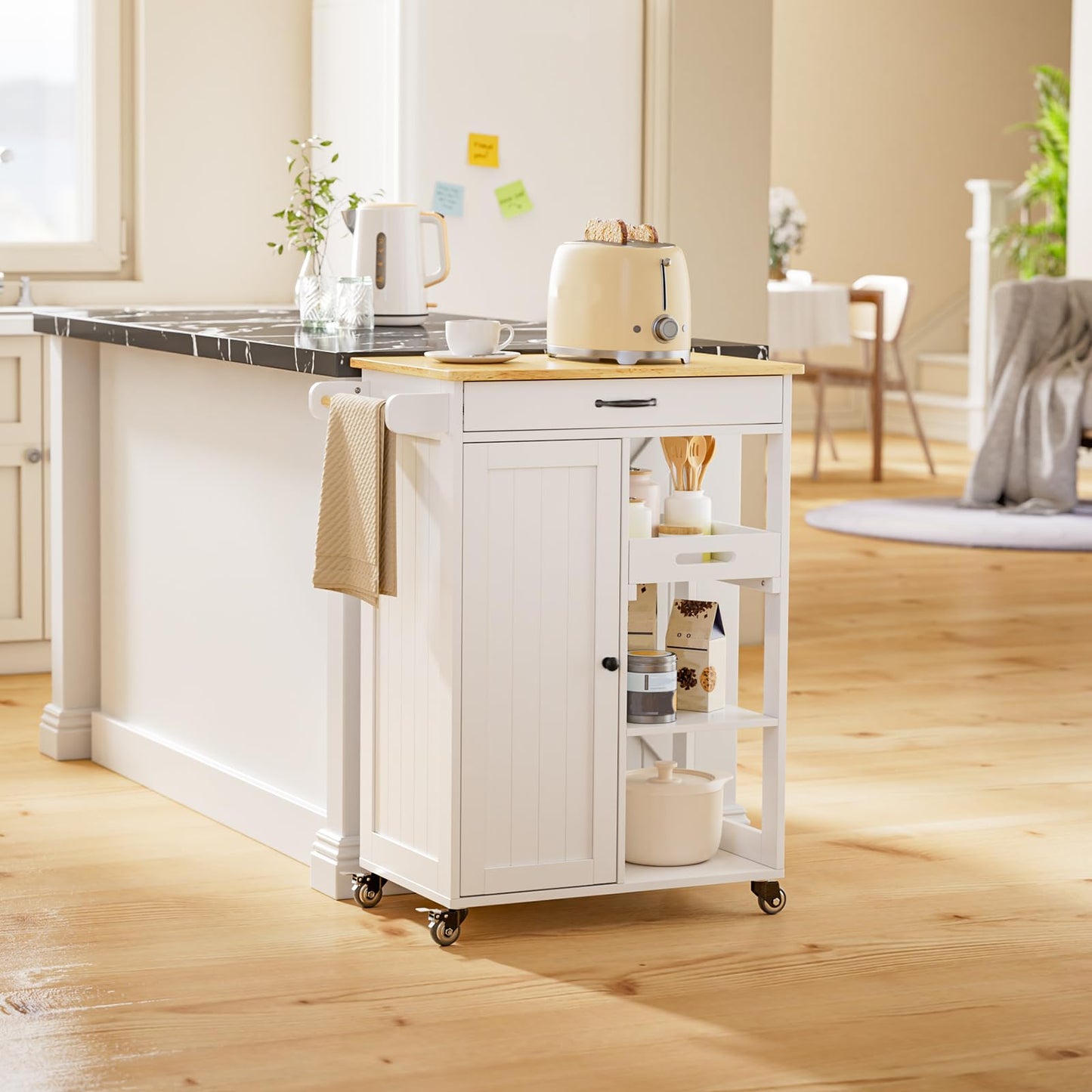Gizoon Kitchen Island Cart with Removable Tray, 27.6''W Rolling Utility Trolley Cart with Drawer, Cabinet, Towel Rack, Hooks and 3 Open Storage Shelves, Mobile Storage Cart for Dining Room, Bar, White