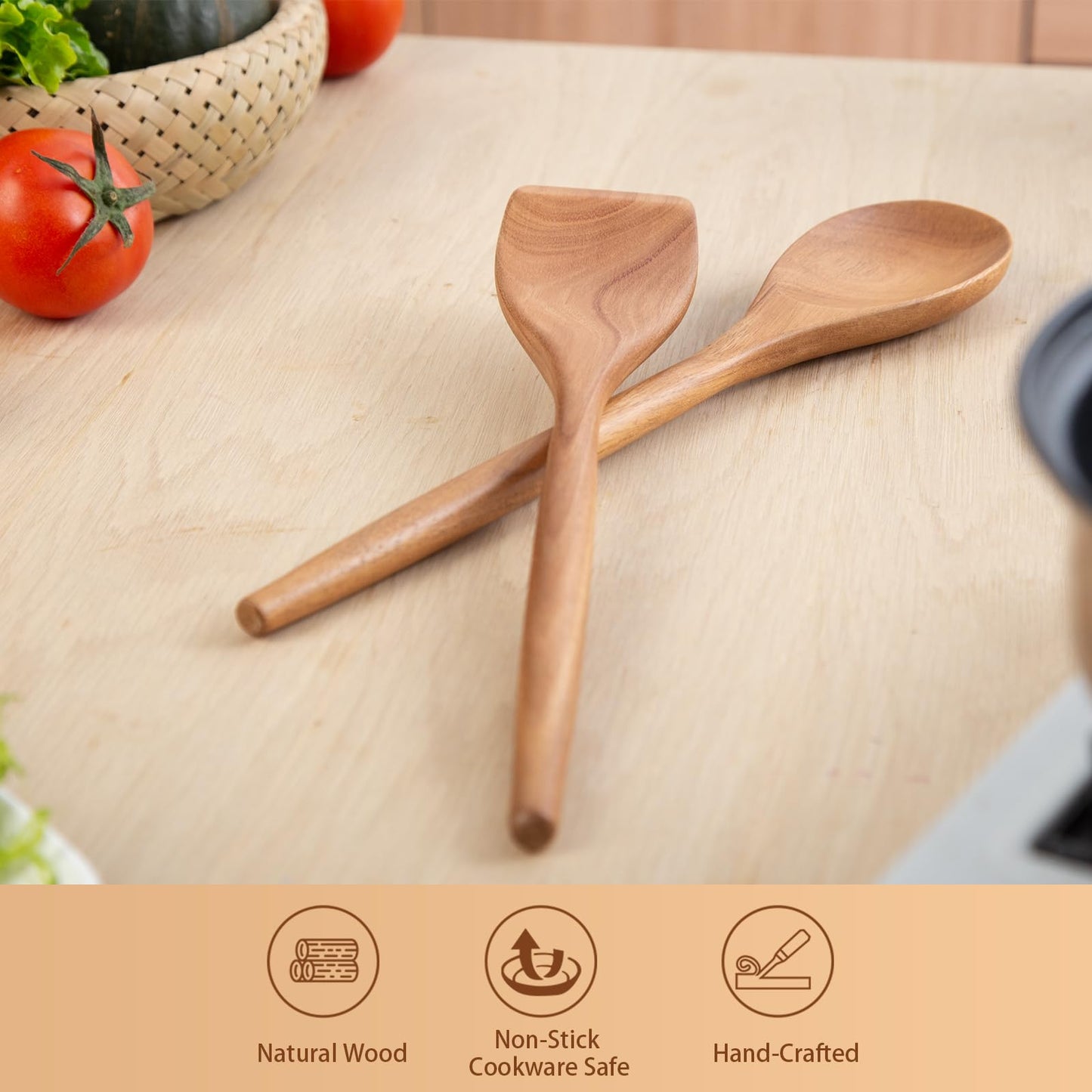 GinSent 2PCS Wooden Spoons for Cooking,14INCH Wooden Spoons Cooking Comfort Grip Wood Spoons,Wooden Kitchen Utensils for Stirring Scraping Flipping and Serving,Non-Stick Cookware Spatula &Spoons