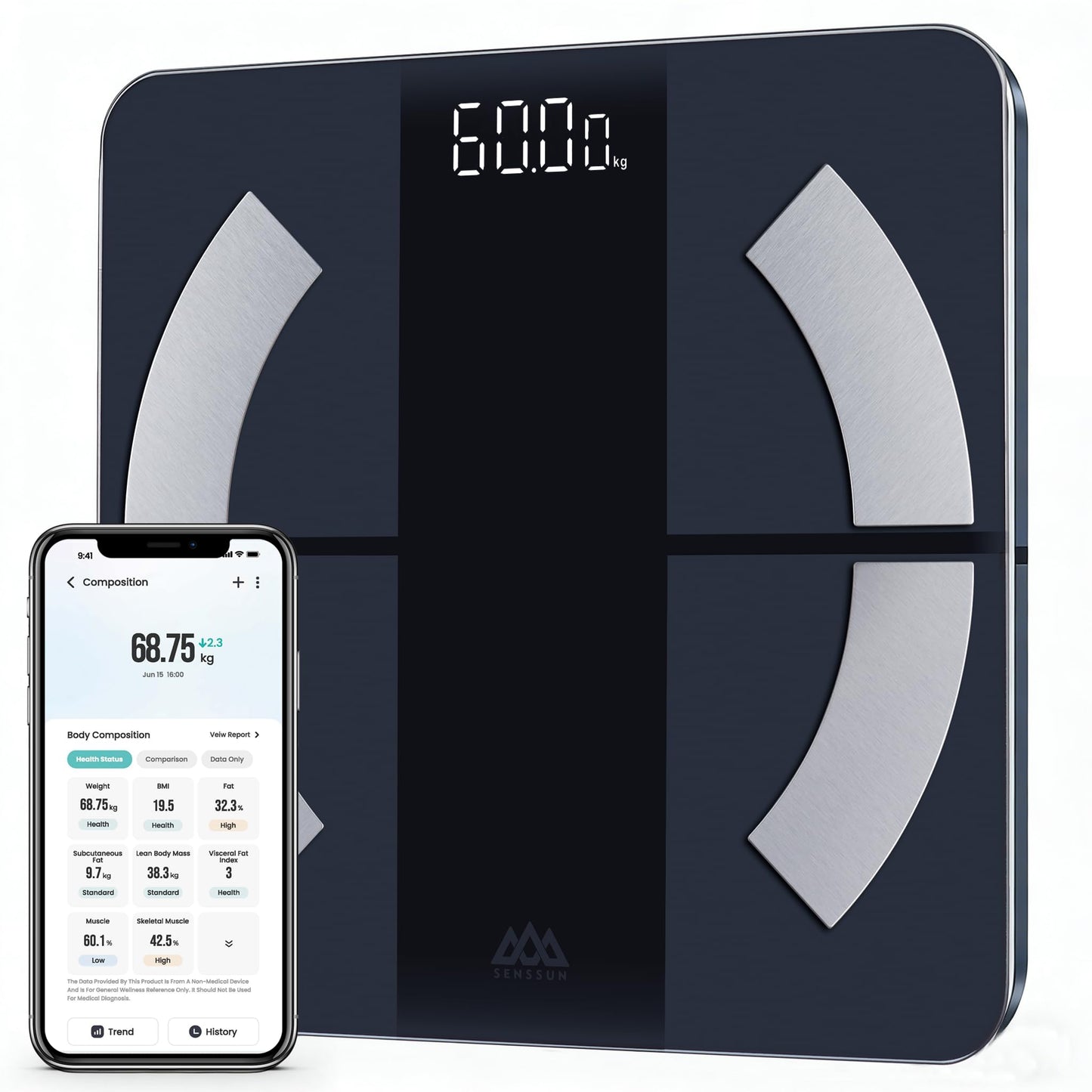 SENSSUN Smart Scale for Body Weight and Fat Percentage, High Accuracy Digital Bathroom Scale with Backlit Display for BMI Heart Rate 20 Body Composition Analyzer Sync with Fitness App 400lb