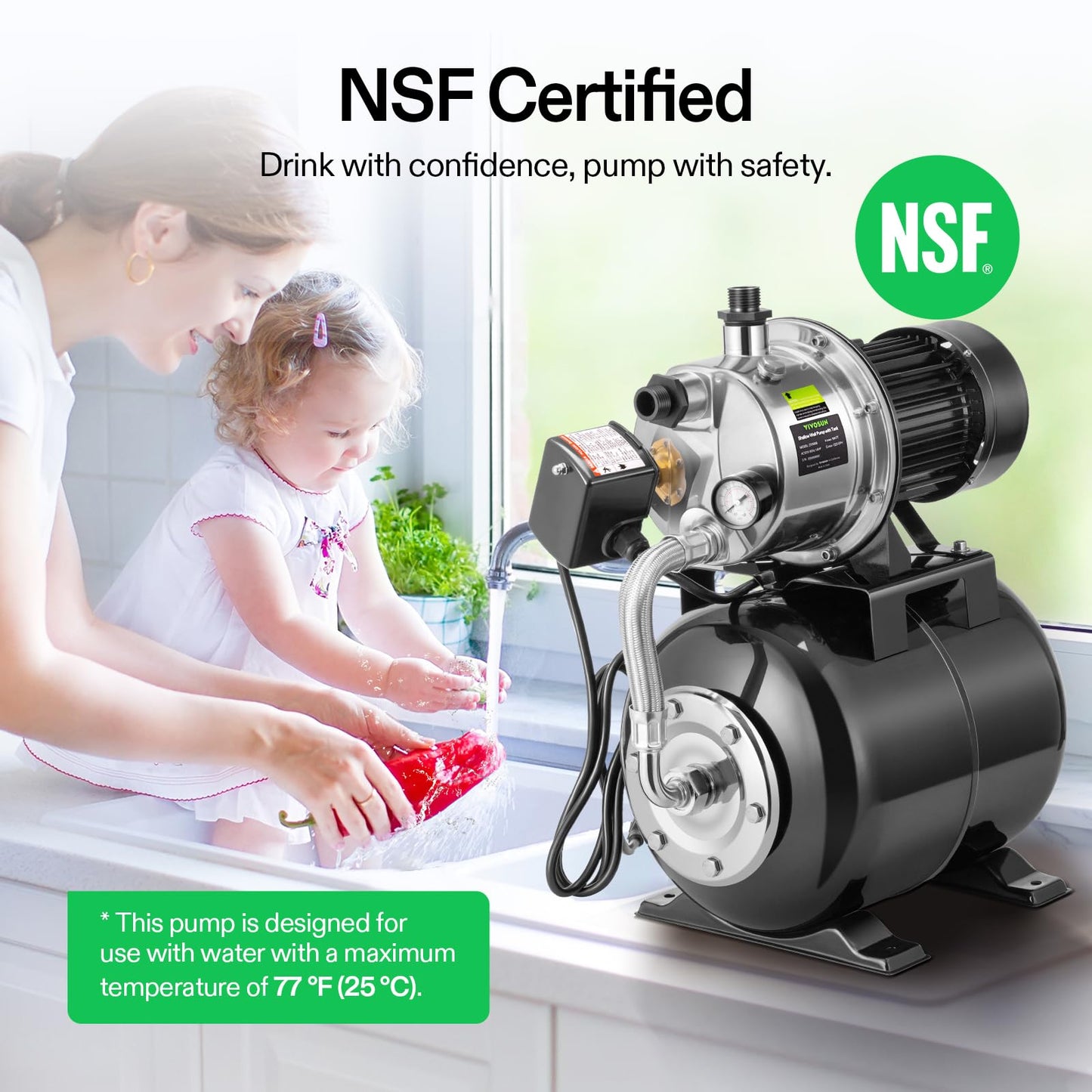 VIVOSUN 1.6 HP Shallow Well Pump with Pressure Tank, NSF Certified, 1320 GPH, Stainless Steel, Automatic Water Booster Jet Pump with Two Adapters for Home, Garden, Lawn
