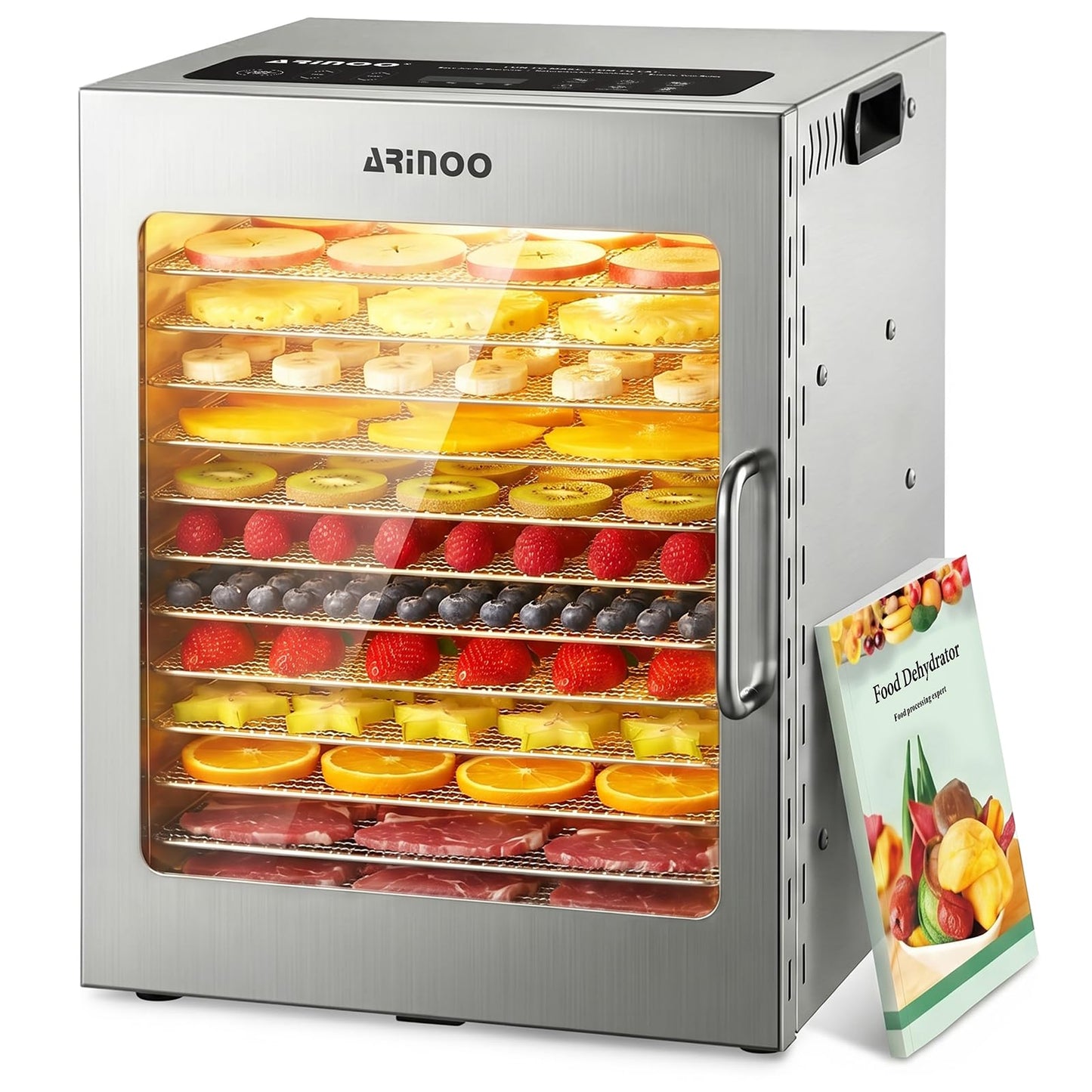 ARINOO Food Dehydrator Machine with 12 Stainless Steel Trays, 48H Timer, 85°-195°F Temp Control, 800W Powerful Mushroom Dryer, Food Dryer for Jerky, Dog Treat, Herbs, Fruit, Commercial and Home Use