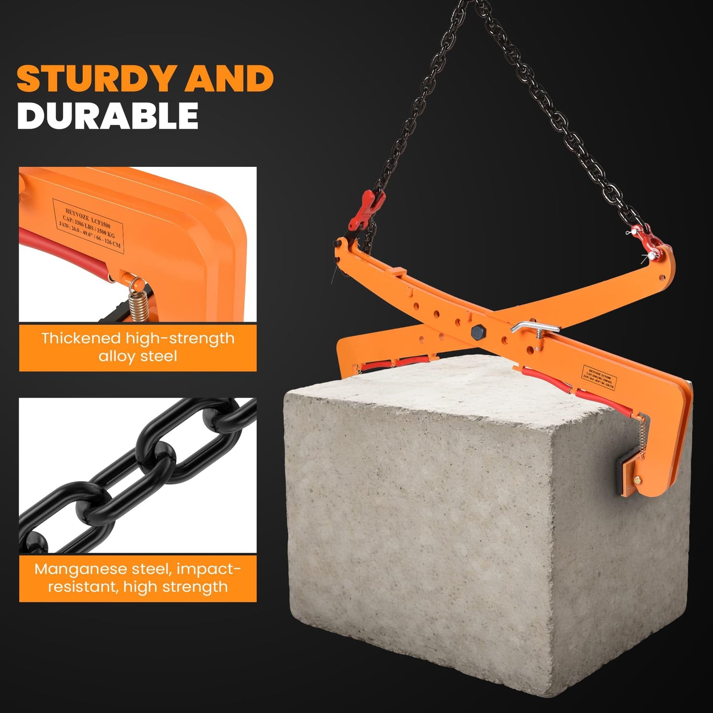 HEYVOZE 3306 lbs Heavy-Duty Stone Lifting Clamp, 26–49.6 in Adjustable Opening, Industrial Granite Slab Lifting Clamp for Large Stone Blocks, Concrete Slabs, Curb Stones