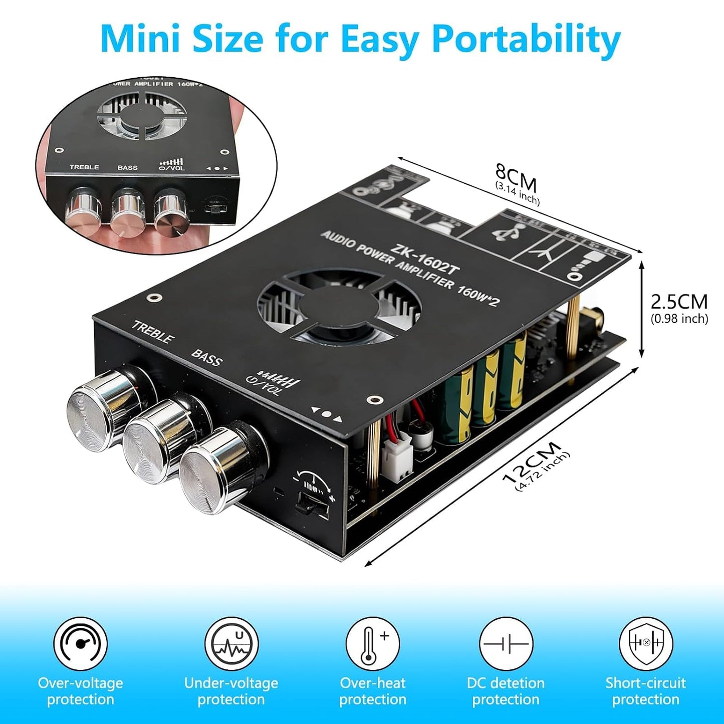 Sigllr 5.0 Board,320W 2.0 Bluetooth Audio Stereo Amplifier HiFi Channel Mini Power Amp Module with Treble & Bass