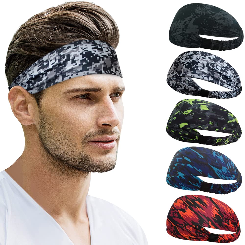 Beister Sports Headbands for Men Women (5 Pack), Moisture Wicking Sweat Band Elastic Wide Hair Bands, Workout Sweatband Athletic Mens Headband for Running, Cycling, Basketball, Gym Exercise, Football