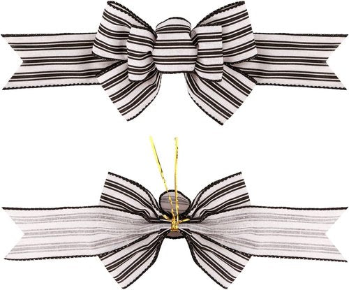 Meseey Wired Ribbon Bows - Handmade Black and White Striped Burlap for Wreaths & Gift Wrapping | 2 Pcs