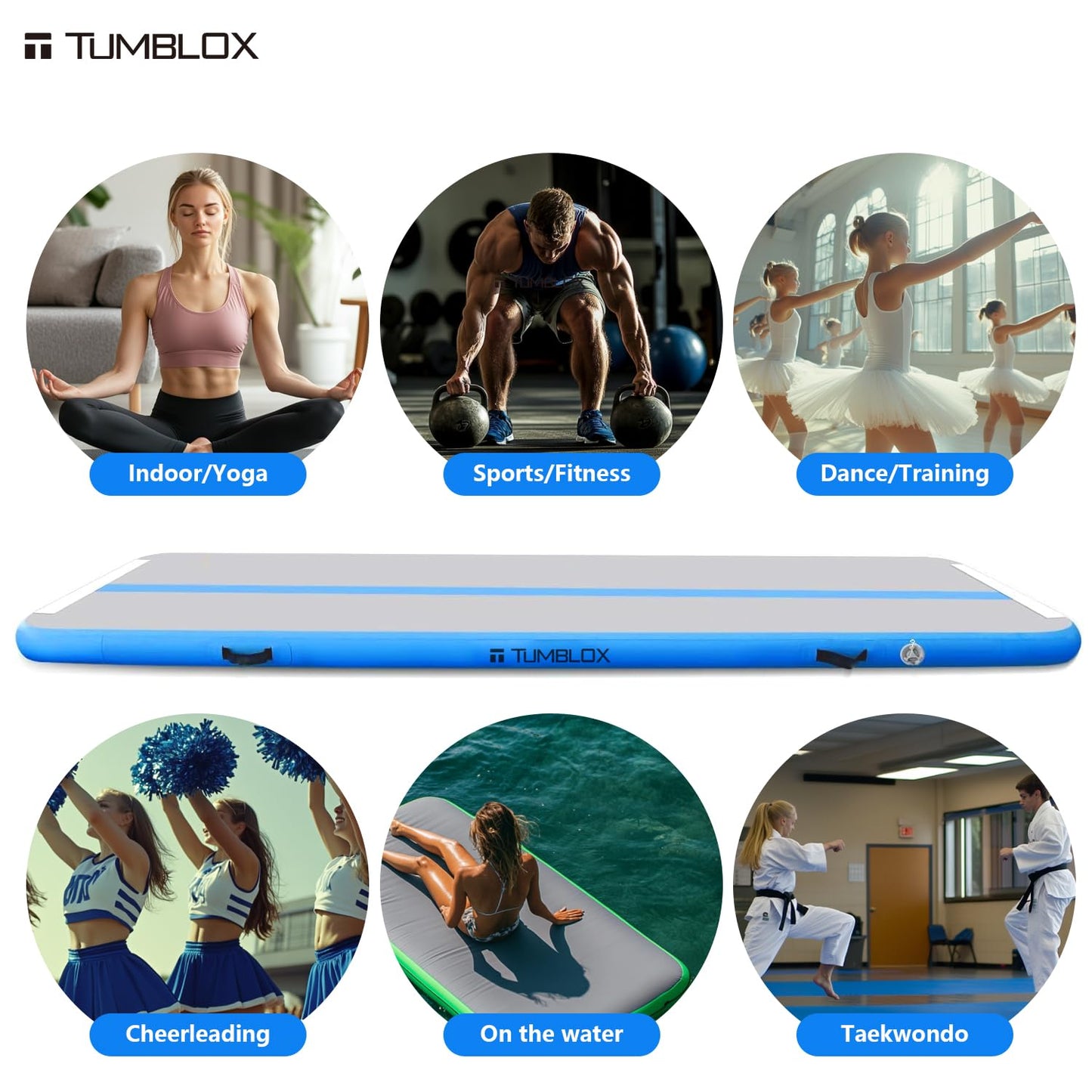 TUMBLOX Air Gymnastics Mat Inflatable & Tumbling Mat – 4/8 Inches Thick with Electric Pump + Free Foot Pump – Ideal for Home, Gym, Water, and Beach Use (Blue, 10ft*3.3ft*4in(3 * 1 * 0.1m)