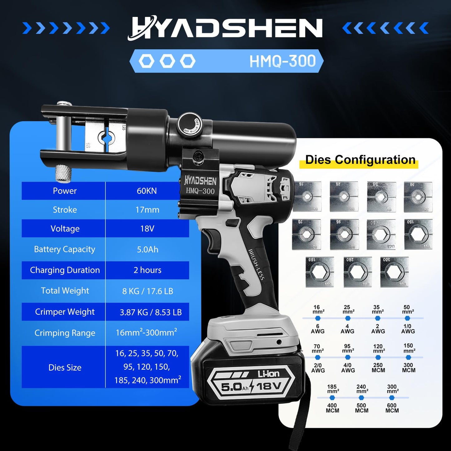 HYADSHEN Electric Hydraulic Cable Lug Crimping Tool, Hydraulic Electrical Terminal Cable Lug Wire Crimper Rechargeable Crimping Tool Kits with 11 Dies, 6 AWG to 600 MCM（HMQ-300）