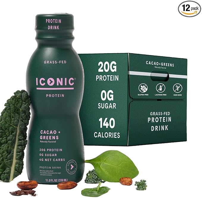 ICONIC Protein Shake, Cacao + Greens (12 Pack) ??20g Grass-Fed Protein Drink ??Low Carb, Sugar Free, Keto Friendly ??Lactose Free, High Protein Snack or Meal Replacement Shake