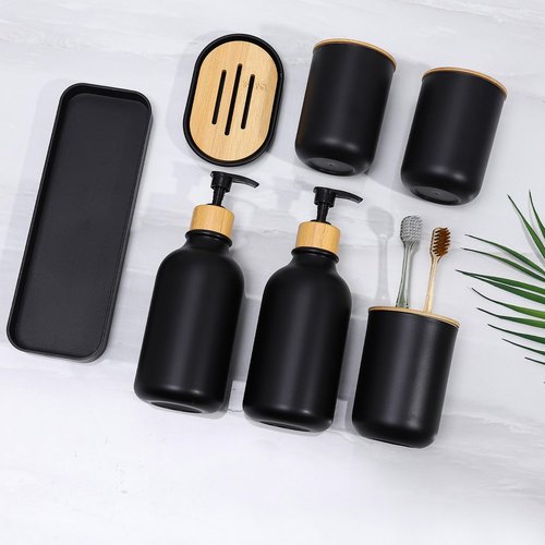 FNGJMJG Matte Black Bathroom Accessories Set 7 Pcs,Bamboo Bathroom Accessories Sets,Black Soap Dispenser and Toothbrush Holder Set,Qtip Holder,Vanity Tray,Soap Dish,Modern Bathroom Decor