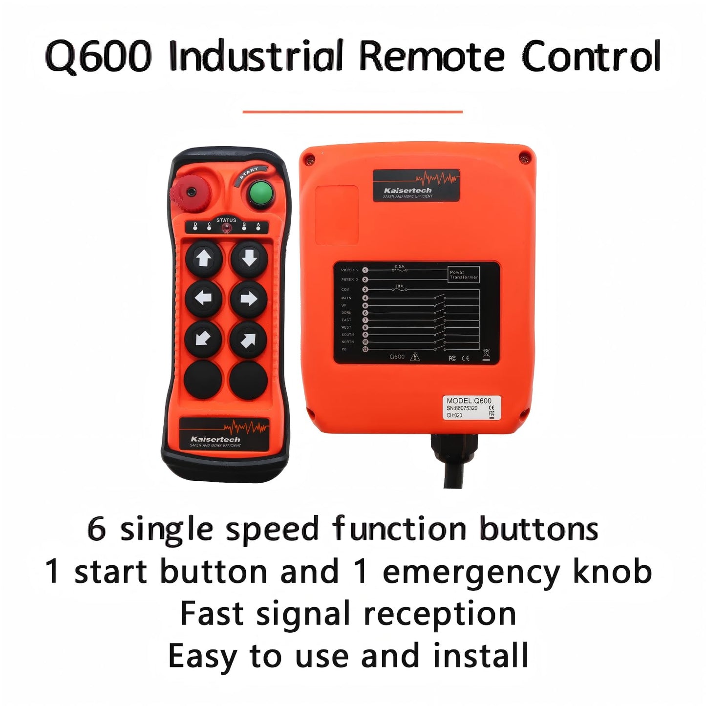 Q600 6 Buttons Industrial Wireless Remote Control, Single Speed Crane Hoist Controller for Electric Hoists, Overhead Cranes, Construction Machinery, Concrete Trucks (Q600-ACDC12-24V 2T1R)