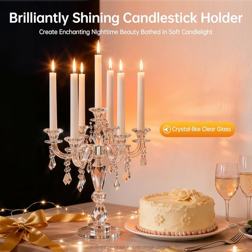 Clear Glass Candelabra by [Brand Name] - 7-Arm 14 Inch Candle Holder for Elegant Wedding & Home Decor