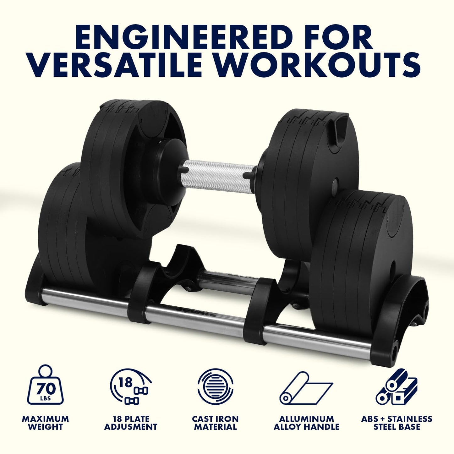 SQUATZ 70lb Adjustable Dumbbell 9 in 1 Weight Options, Fitness Equipment with Anti-Slip Metal Handle, Quick Change Weight Adjustment with Twist Lock Technology, for Full Body Workout and Weightlifting
