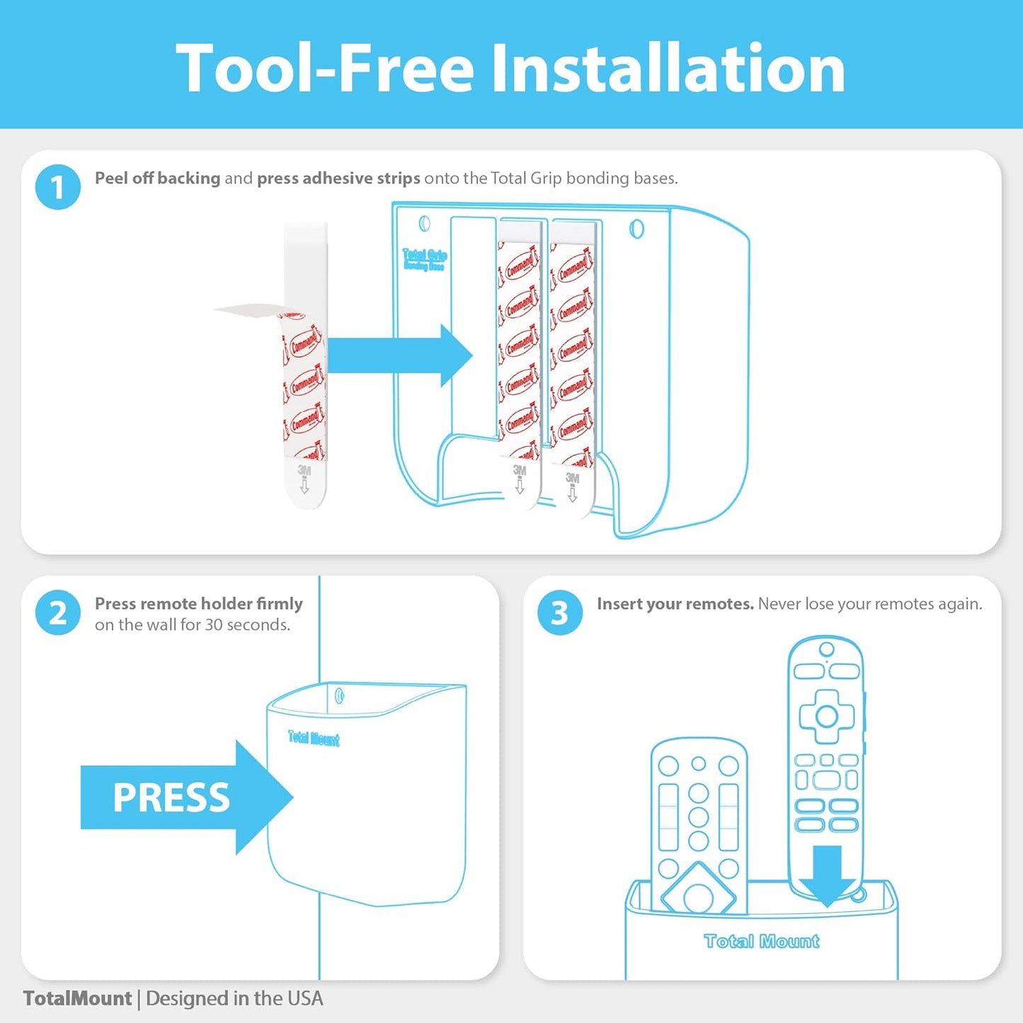TotalMount 2 3 2) Hole-Free Remote Holders Eliminate Need to Drill Holes in Your Wall (for or Remote Controls Black