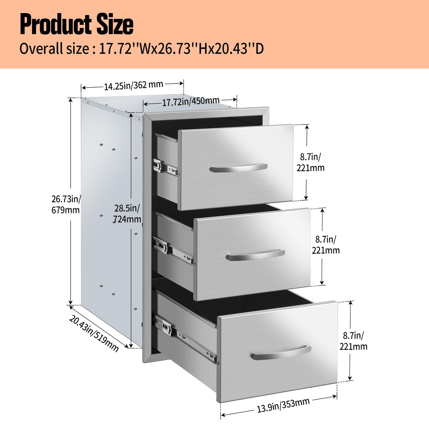 RAILEN Outdoor Kitchen Drawers 16" W x 28" H x 20" D Built-in BBQ Drawer Stainless Steel Access Drawers for Outdoor Kitchen Island or Grill Station