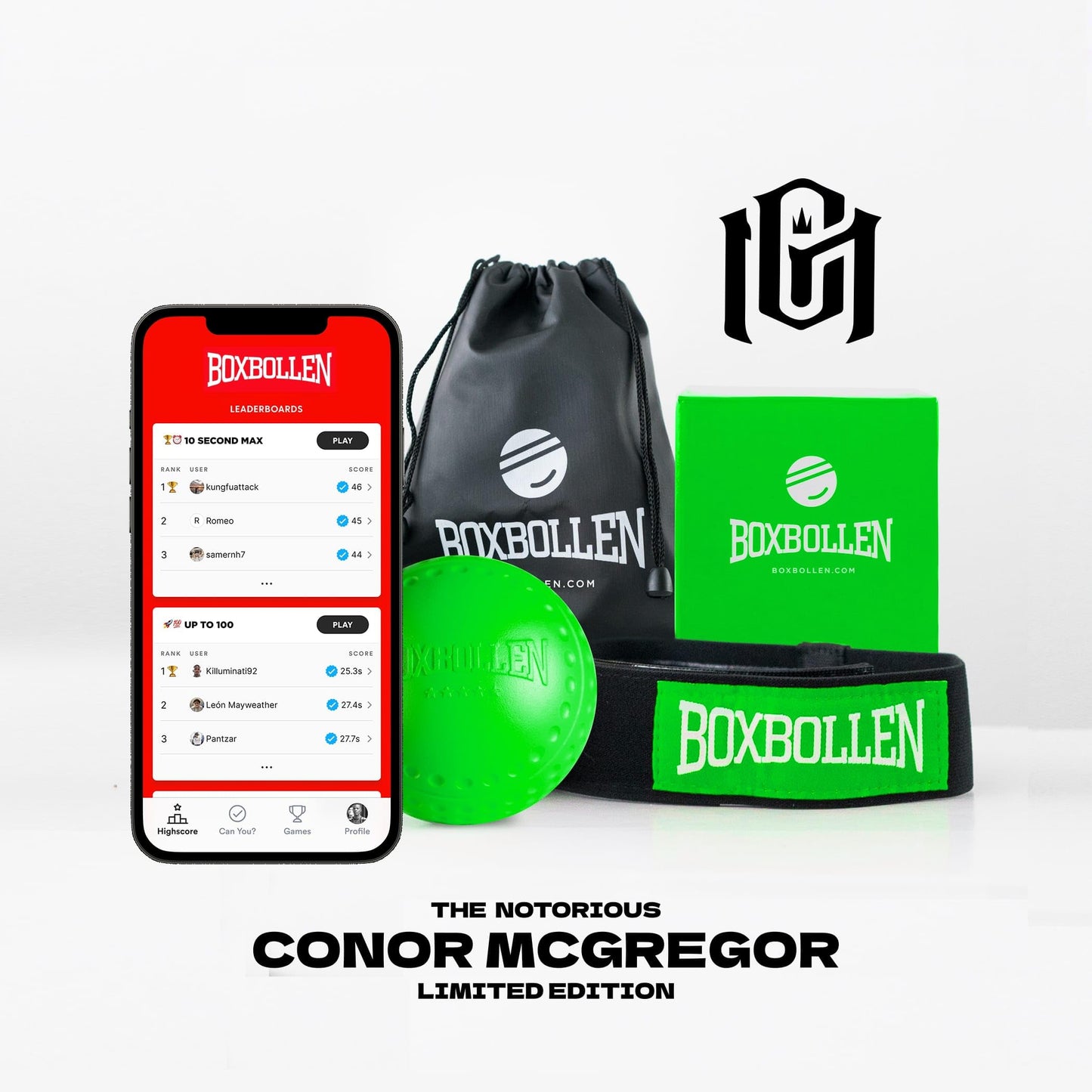 Boxbollen® Boxing Reflex Ball - The Notorious Conor McGregor Limited Edition - App-Connected Punch Counter - Reaction Ball for Hand Eye Coordination Training - Gift for Boxer Athlete, All Ages - Green