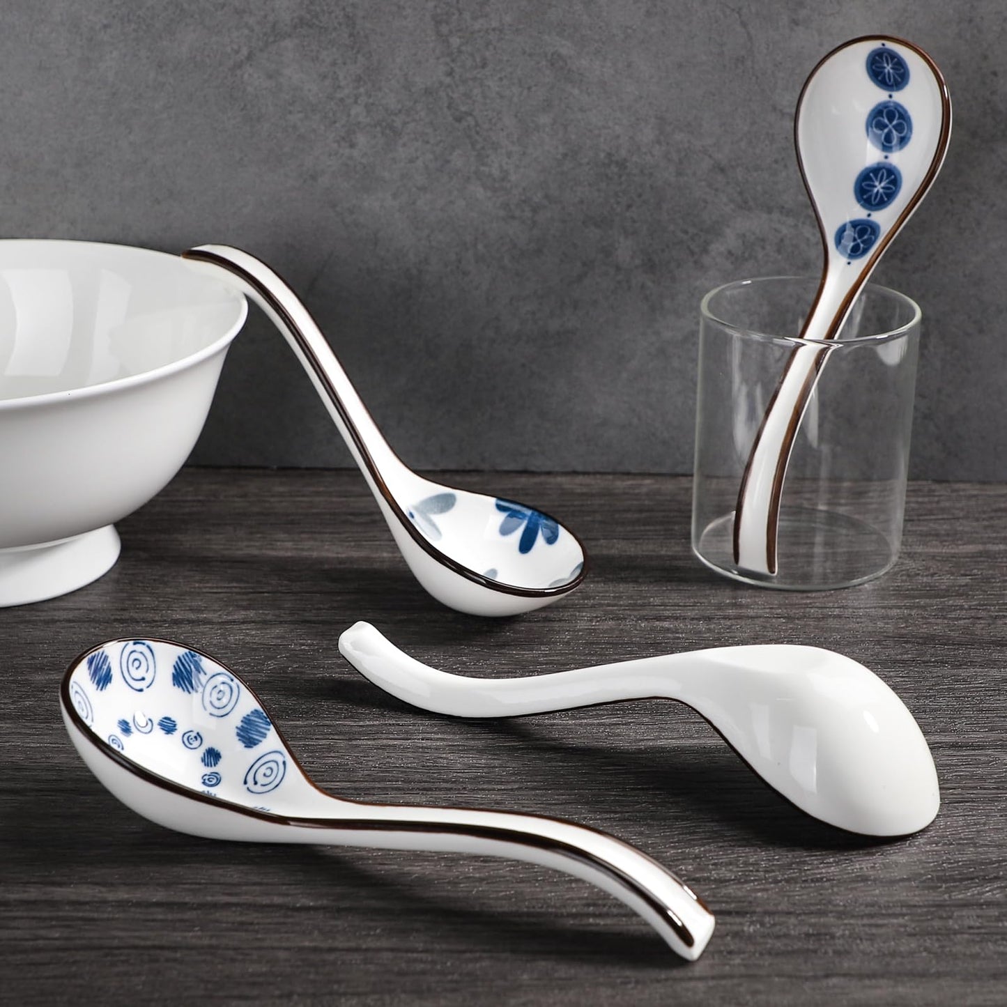 Ceramic Soup Spoons Set of 4 Porcelain Japanese Soup Spoon Long Handle Asian Soup Spoon Sets for Pho Ramen Noodles Wonton Dumpling Rice (Model 6#)